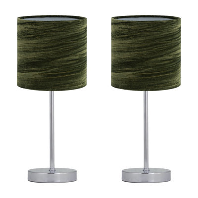 First Choice Lighting Set Of 2 Chrome Stick Table Lamps With Green Crushed Velvet Shades - image 1