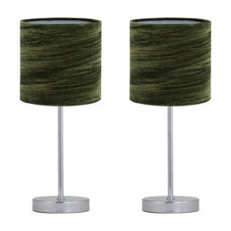 First Choice Lighting Set Of 2 Chrome Stick Table Lamps With Green Crushed Velvet Shades