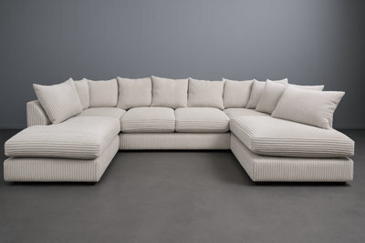 Sofaselectionuk Ltd Sofa Selection Jumbo Cord U Shaped Cream Scatter Back Sofa Large Modular 6&7 Seater With Memory Foam Seating & Removable Cushion