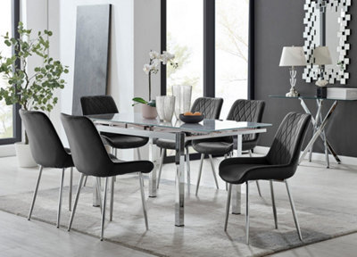 Furniturebox Uk 6 Seater Dining Set - Enna White Glass & Chrome Extendable Dining Table & Chairs - 6 Black Velvet Pesaro Chairs - image 1