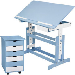Tectake Kids Study Desk And Filing Cabinet Set Children's Play Room Furniture Mdf In 2 Colours 7 Step Adjustable Height  40 - 60 Cm - Blue
