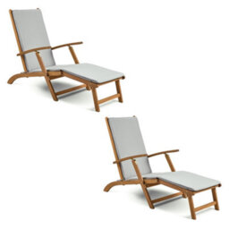 Vonhaus Wooden Garden Sun Lounger Set Of 2, Folding Sunlounger, Removable Footrest & Cushion, Acacia Wood, Hudson - thumbnail 1
