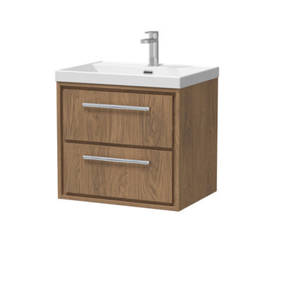 Hudson Reed Lille Wall Hung Two Drawer Contemporary Vanity Unit With 1 Tap Hole Basin In Antique Oak, 610 X 460mm - image 1