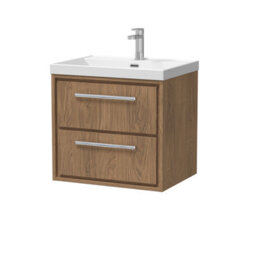 Hudson Reed Lille Wall Hung Two Drawer Contemporary Vanity Unit With 1 Tap Hole Basin In Antique Oak, 610 X 460mm - thumbnail 1