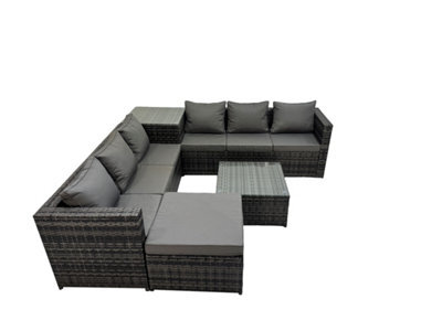 Fimous 7 Seater Garden Outdoor Rattan Furniture Set Patio Corner Sofa Coffee Table With Big Stool Dark Grey - image 1