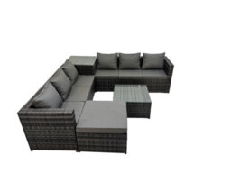 Fimous 7 Seater Garden Outdoor Rattan Furniture Set Patio Corner Sofa Coffee Table With Big Stool Dark Grey - thumbnail 1