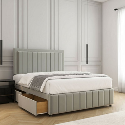 REGIONAL FURNISHINGS Silver Plush Velvet Divan Bed Set Upholstered 24Inch Headboard & Footboard & Mattress No Drawers In 3Ft 4Ft 4Ft6 5Ft 6Ft Sizes - image 1
