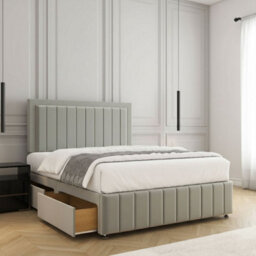 REGIONAL FURNISHINGS Silver Plush Velvet Divan Bed Set Upholstered 24Inch Headboard & Footboard & Mattress No Drawers In 3Ft 4Ft 4Ft6 5Ft 6Ft Sizes