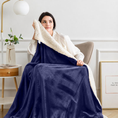 Imperial Rooms Navy Super King Sherpa Fleece Blanket, Soft Plush Cosy Throw, Sofa Bed & Couch Blanket - image 1