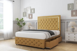 "Sloomy Sofia Gold Mustard Plush Divan Bed No Drawers-54"" Floor Standing Headboard 12"" Footboard 5' King" - thumbnail 4