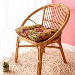 Living And Home Yellow Square Faux Linen Double-Sided Chair Cushion With Pom-Pom Trim, 40Cm (W) X 40Cm (D) X 8Cm (H) - thumbnail 3