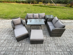 Fimous 7 Pcs Outdoor Lounge Sofa Set Wicker Pe Rattan Garden Furniture Set With Dining Table Armchair 2 Big Footstool Side Table - thumbnail 1