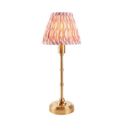 Luminosa Lighting Luminosa Burley Rechargeable Brushed Aged Brass Plate Table Lamp With Coral Pink Fabric Ripple Shade 16Cm Integrated Led