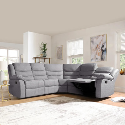 Furnishings For Less UK Manhattan Grey Fabric Reclining Corner Sofa 5 Seater  With Drinks Tray Manual Recliner Comfortable Padded Arms - image 1