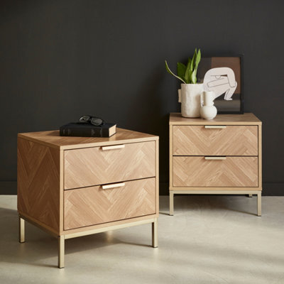 Sweeek - Pair Of Herringbone Bedside Tables With 2 Drawers Budapest Natural 45X40X45 Cm - image 1