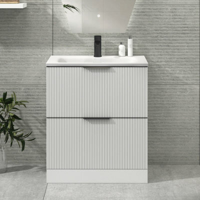 Royal Bathrooms Evora 700mm Matt White Fluted Floor Standing Bathroom Vanity Unit 2 Drawer Cabinet Storage With Stone Basin & Matt Black Handles - image 1
