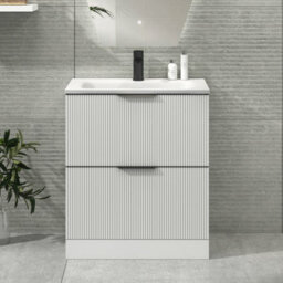 Royal Bathrooms Evora 700mm Matt White Fluted Floor Standing Bathroom Vanity Unit 2 Drawer Cabinet Storage With Stone Basin & Matt Black Handles