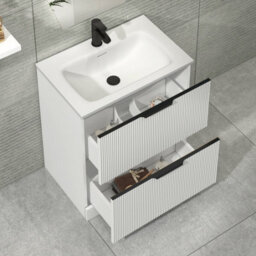 Royal Bathrooms Evora 700mm Matt White Fluted Floor Standing Bathroom Vanity Unit 2 Drawer Cabinet Storage With Stone Basin & Matt Black Handles - thumbnail 3