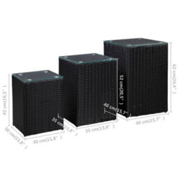 Berkfield Side Tables 3 Pcs With Glass Top Black Poly Rattan - thumbnail 7