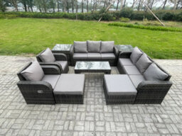 Fimous 10 Seater Wicker Pe Rattan Sofa Set Outdoor Patio Garden Furniture Set With Reclining Chairs Coffee Table 2 Side Tables