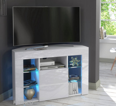 Furneo Venico 02 White Corner Tv Stand 100Cm Matt & High Gloss Blue Led Lights - image 1