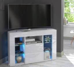 Furneo Venico 02 White Corner Tv Stand 100Cm Matt & High Gloss Blue Led Lights - thumbnail 1