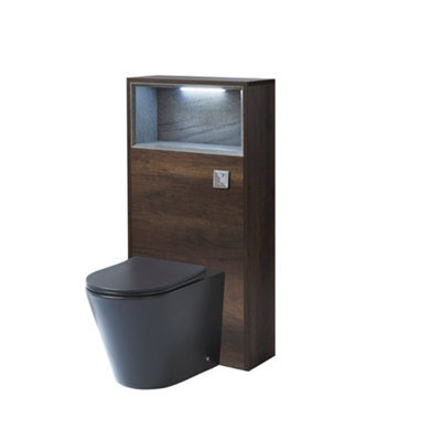 Homestylestore 600mm Dark Oak Floorstanding Bathroom Wc Unit Led Lit Shelf Graphite Toilet And Chrome Flush Button - image 1