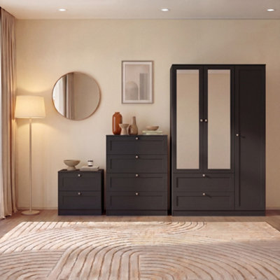 Lassic Vida Designs Altino 3 Piece Bedroom Set (2 Drawer Bedside, 4 Drawer Chest, 3 Door 2 Drawer Wardrobe), Black - image 1