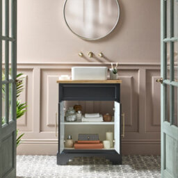 Homestylestore Black Grey And Oak 645mm Bathroom Vanity Unit With Square Countertop Basin And Brushed Brass T Bar Handles - thumbnail 2