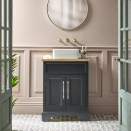 Homestylestore Black Grey And Oak 645mm Bathroom Vanity Unit With Square Countertop Basin And Brushed Brass T Bar Handles - thumbnail 1