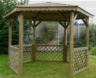 Hexagonal Wooden Gazebo With Trellis Panels, Pressure Treated - 10Ft X 9Ft (3.1M X 2.8M) - Fsc Certified