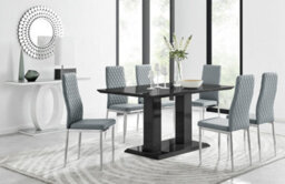 Furniturebox Imperia Black High Gloss 6 Seater Dining Table With Structural 2 Plinth Column Legs 6 Grey Stitched Faux Leather Milan Chairs - thumbnail 1