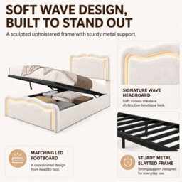 Merax 3Ft Single Ottoman Bed 90X190 Cm, Velvet Bed Frame With Led Lights, Wave Headboard, Hydraulic Storage, Cream White - thumbnail 7
