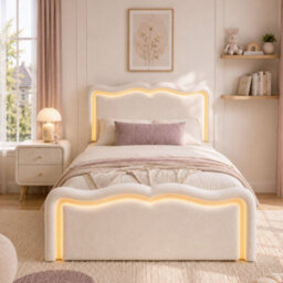 Merax 3Ft Single Ottoman Bed 90X190 Cm, Velvet Bed Frame With Led Lights, Wave Headboard, Hydraulic Storage, Cream White - thumbnail 2