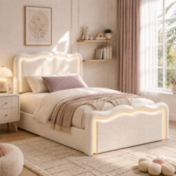 Merax 3Ft Single Ottoman Bed 90X190 Cm, Velvet Bed Frame With Led Lights, Wave Headboard, Hydraulic Storage, Cream White - thumbnail 3