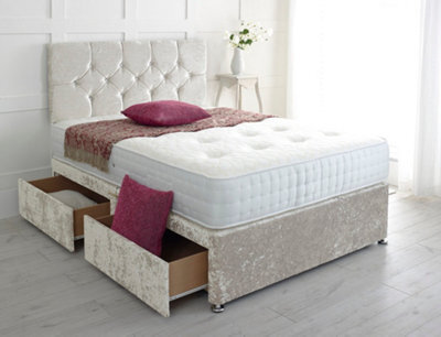 Adore Designs Diamond Cut Crushed Velvet Divan Bed, With Pocket Mattress - 6Ft Super King - Cream - 2 Drawers Same Side