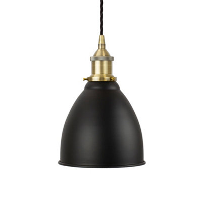 Matt Black Classic Small Pantry Metal Painted Dome Pendant Light With Antique Brass Lamp Holder And Black Twisted Cable - Se Home