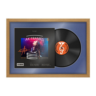 "AK Frames 25X17"" Oak Sleek Vinyl Record Frame With Blue Mount For 12 Inch Lp Cover & Disc - Overlapped Design" - image 1