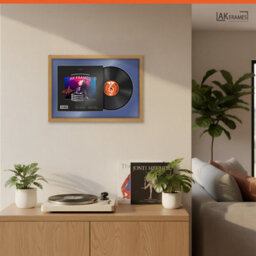 "AK Frames 25X17"" Oak Sleek Vinyl Record Frame With Blue Mount For 12 Inch Lp Cover & Disc - Overlapped Design" - thumbnail 5