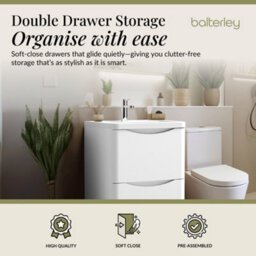 Balterley Dunwood Contemporary Bathroom Floor Standing 2 Drawer Vanity & Polymarble Basin, Satin White, 600mm - thumbnail 2