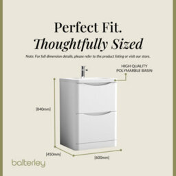 Balterley Dunwood Contemporary Bathroom Floor Standing 2 Drawer Vanity & Polymarble Basin, Satin White, 600mm - thumbnail 5