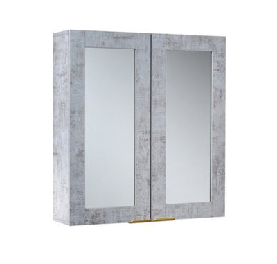 Homestylestore 600 X 650mm Concrete Grey Wall Mounted Mirrored Door Bathroom Cabinet And Brushed Brass Finger Pull Handles - image 1
