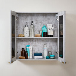 Homestylestore 600 X 650mm Concrete Grey Wall Mounted Mirrored Door Bathroom Cabinet And Brushed Brass Finger Pull Handles - thumbnail 2