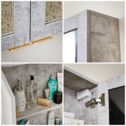 Homestylestore 600 X 650mm Concrete Grey Wall Mounted Mirrored Door Bathroom Cabinet And Brushed Brass Finger Pull Handles - thumbnail 3