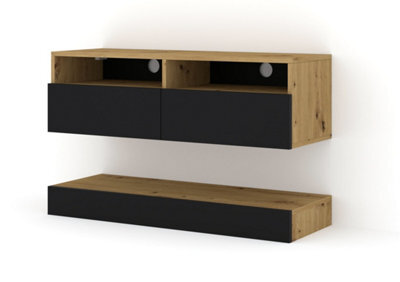 Arte Duo Wall Hung Tv Cabinet And Shelf Set In Oak Artisan And Black 1600mm - image 1