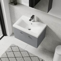 Balterley Bramshall Modern Bathroom Wall Hung 1 Soft Close Drawer Vanity Unit & Mid-Edge Basin, Satin Grey, 610mm - thumbnail 3