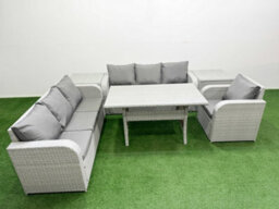 Fimous 7 Seater Poly Rattan Outdoor Garden Furniture Rectangular Dining Table Sofa Set 3 Seater Sofa 2 Side Table Light Grey - thumbnail 1