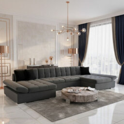 Alia Living Room Corner Sofa Bed With Polyurethane Foam Wave Spring Wooden Frame 360X160X75Cm Grey And Black Cushions