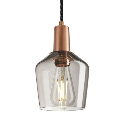 Industville Sleek Smoked Glass Schoolhouse Pendant - 5.5 Inch, Mocha Glass Schoolhouse - 5.5 Inch, Copper Pendant