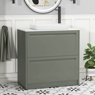 Royal Bathrooms Royal Bathroom Elmore 800mm Matt Green Freestanding Bathroom Vanity Unit 2 Drawer Plain White Worktop With Qubix Basin - image 1